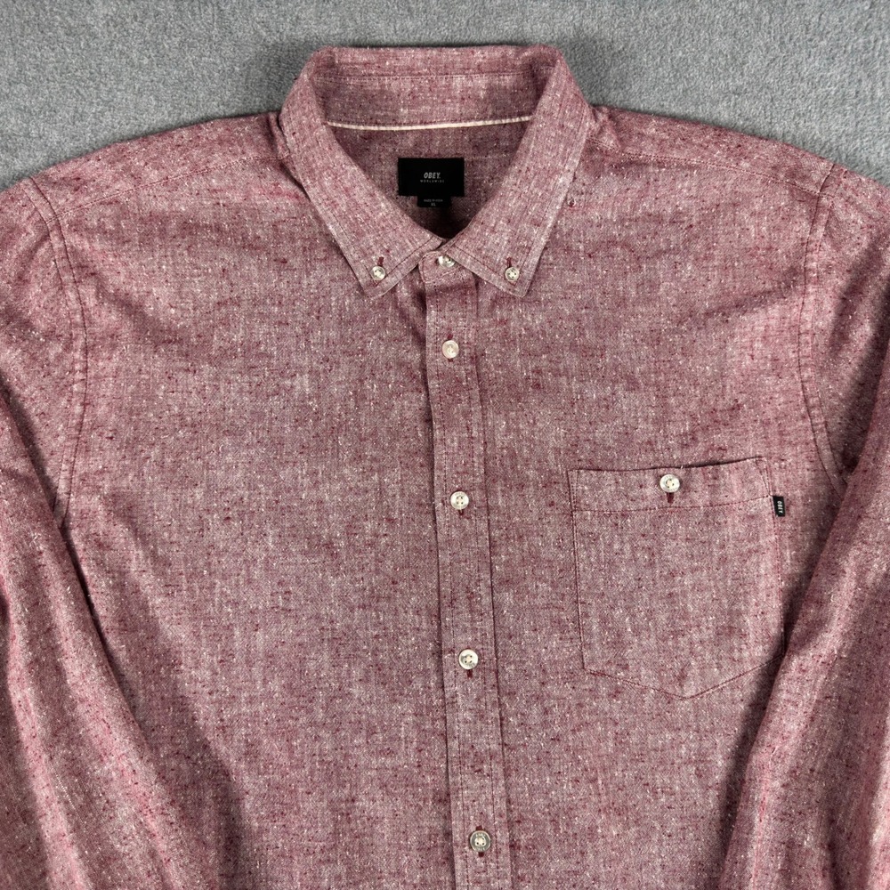 OBEY Worldwide Men's XL Burgundy Button Down Shirt Long Sleeve Casual